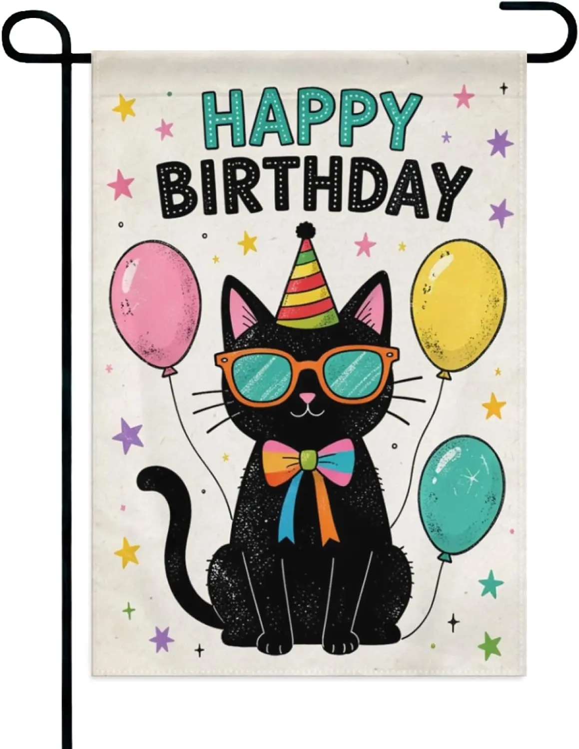Black Cat Happy Birthday Garden Flag 12x18 Inch Double Sided – Cute Kitty with Sunglasses， Party Hat & Balloons Outdoor jjp