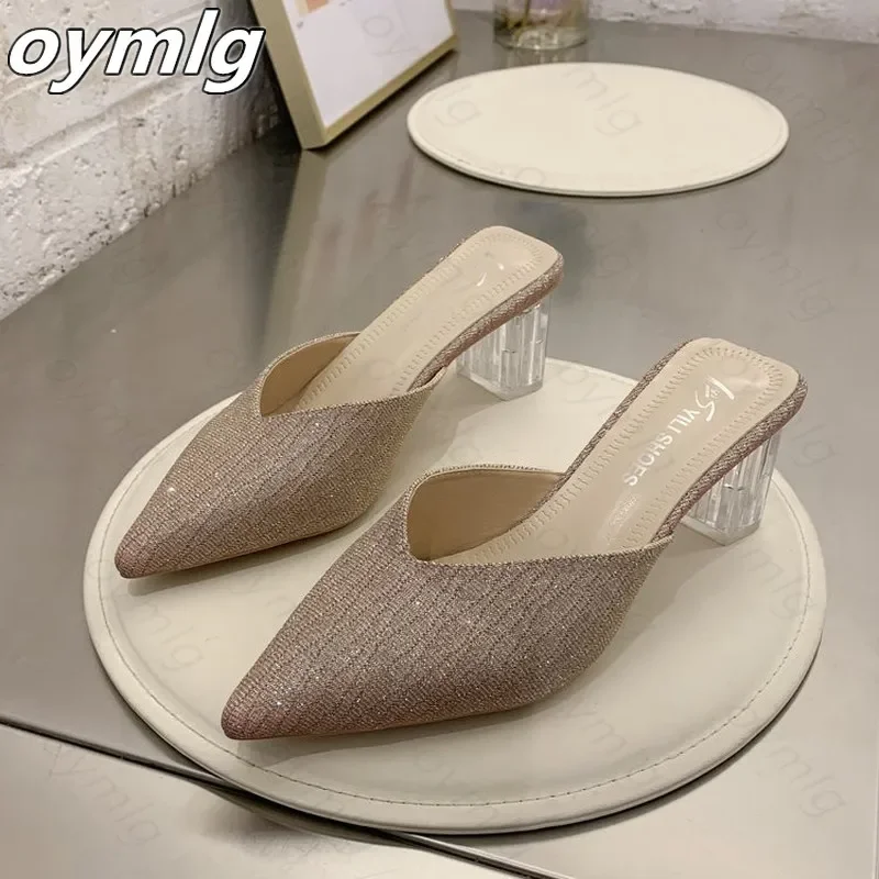 

Baotou Half Drag Women's Summer Wear 2021 New Korean Thick Heel Pointed Sequin Fashion Crystal Heel Shoes