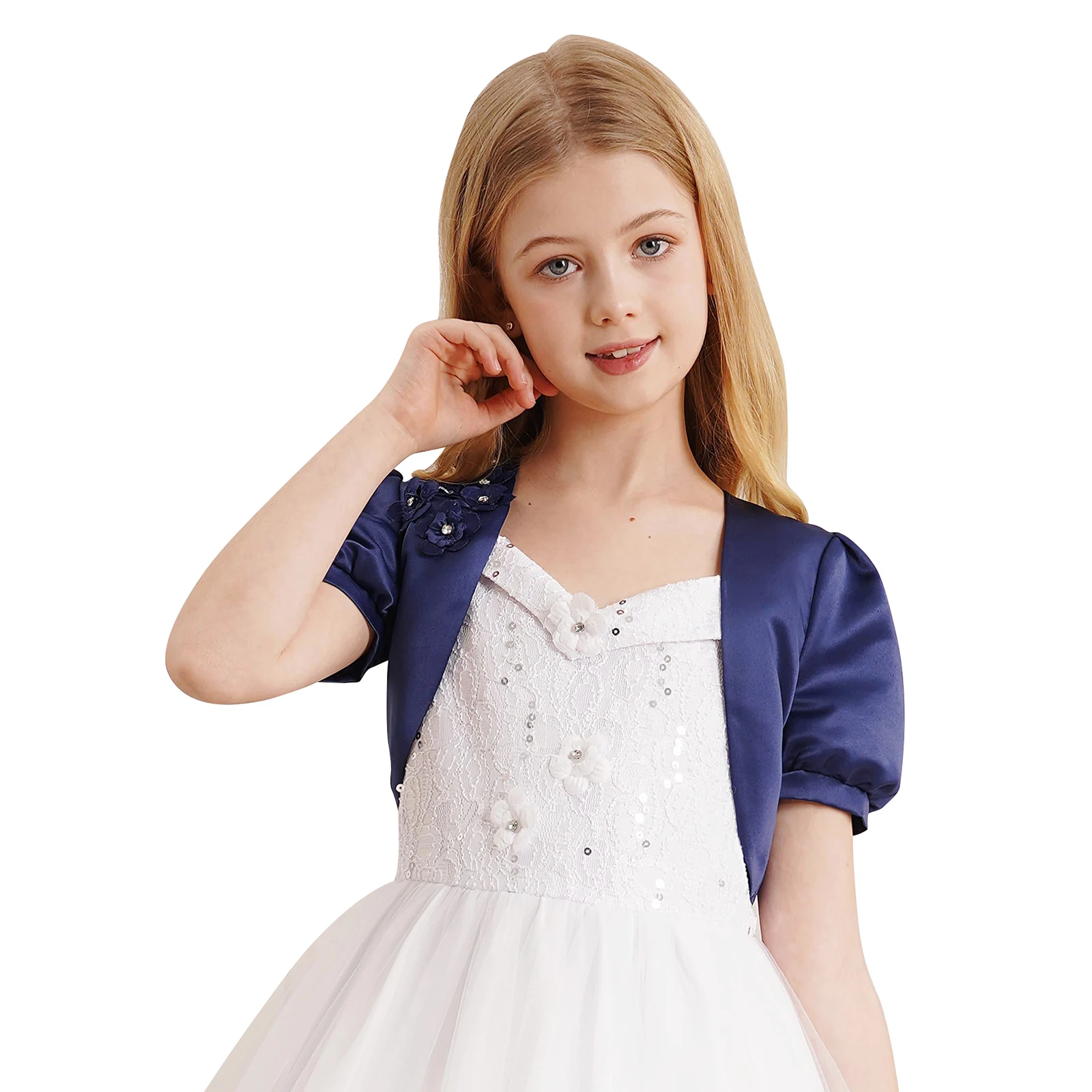 Kids Girls Flower Satin Bolero Jackets Coat Short Puff Sleeve Open Front Crop Cardigan Shrug Cape Wedding Party Dress Outwear