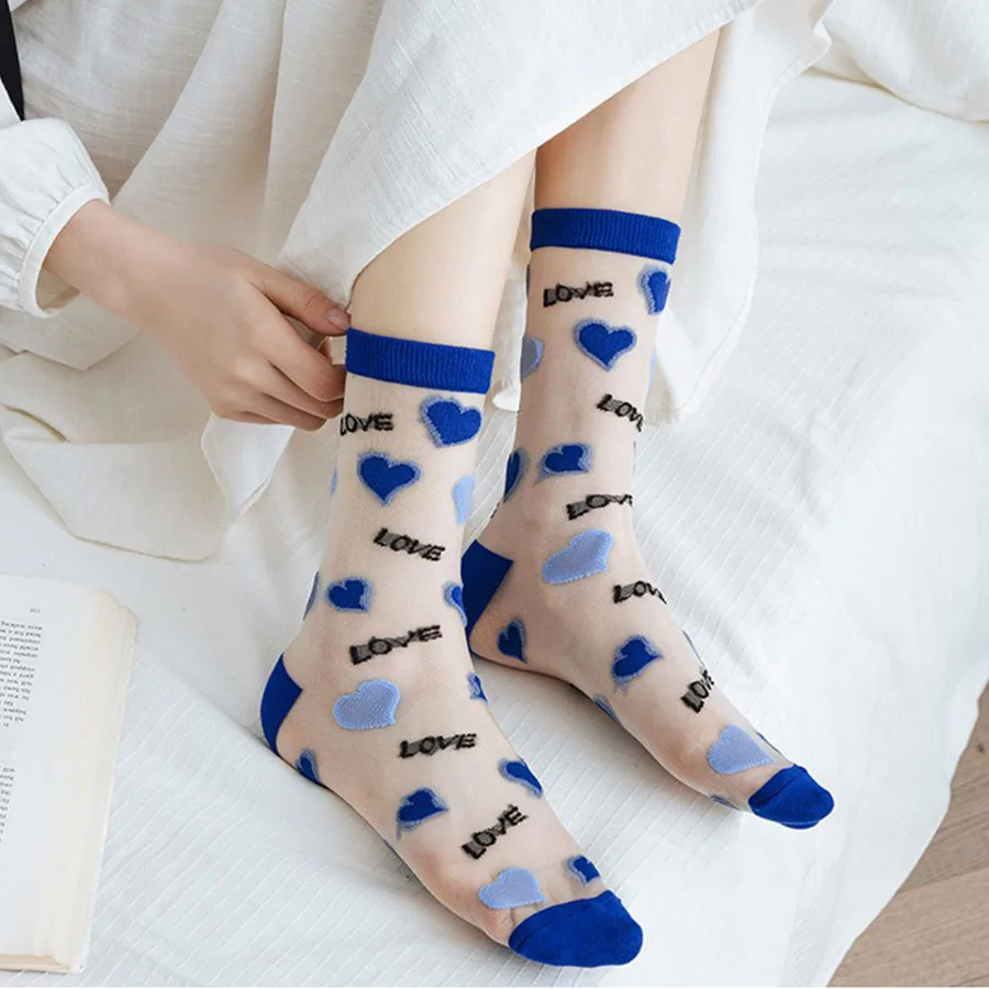 

Summer Women’s Crystal Socks Transparent Thin Elastic Sheer Glass Mid Calf Colorful Sock with Heart Diamond Pattern