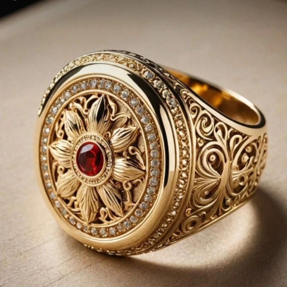 Vintage Delicate Red Synthetic Zirconia Textured Golden Ring for Women Luxurious Elegant Banquet Celebration Jewelry Accessories