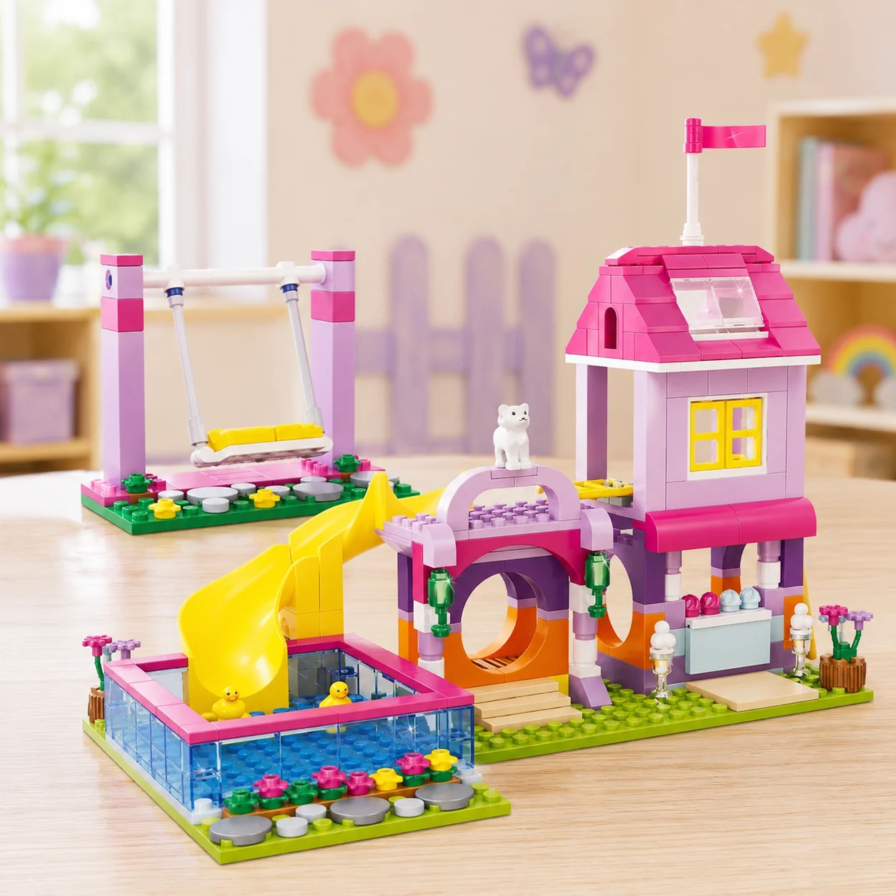 Summer Playground Building Blocks Set for Girls with Slide Swing Pool DIY Amusement Park Bricks Toy  Birthday Gift for Girls