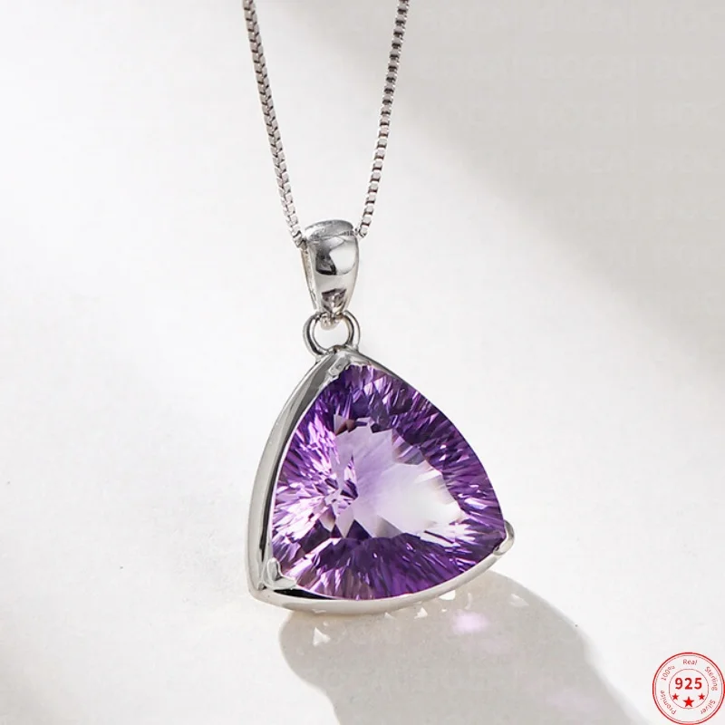 

S925 Sterling Silver Charms Pendants for Women Men New Fashion Simply Argentum Edge Inlaid Triangle Natural Amethyst Jewelry