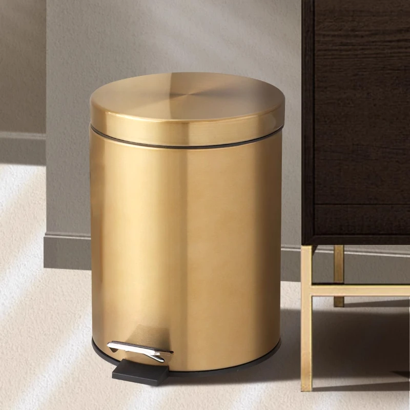 

Stainless Steel Flip Gold Trash Can Household Bathroom Kitchen Foot Pedal Circular Silent Trash Can Papeleras Home Supplies