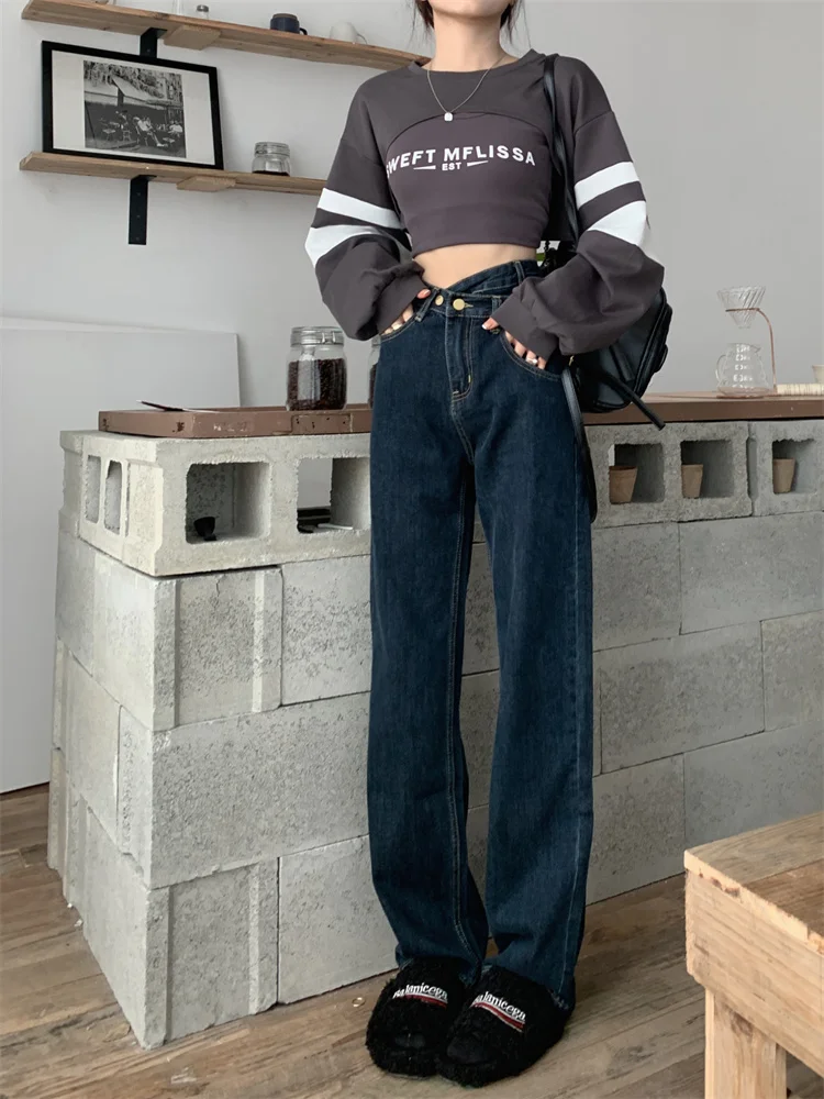 

American Style Trend Streetwear Jeans Women's Denim Trouser Spicy Girl Vintage Blue Gray Washed Straight Wide Leg Mopping Pants