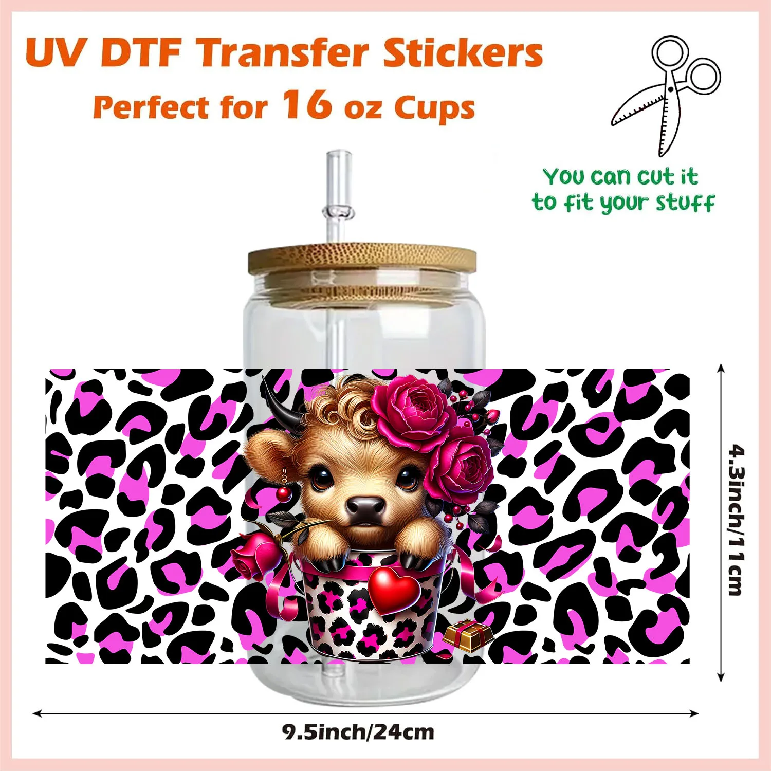 XOXO عيد الحب المرتفعات الماشية مقاوم للماء حفلة لتقوم بها بنفسك الشارات ثلاثية الأبعاد نقل uvdtf بهلوان ختم ملصقات 16 أوقية الأشعة فوق البنفسجية dtf كوب يلتف