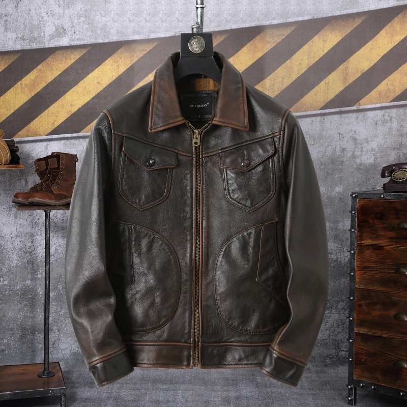 

Мужская кожаная куртка с двойной талией в стиле ретро, мужское пальто с мотоциклетным воротником, модный прямой подол, ort Sle