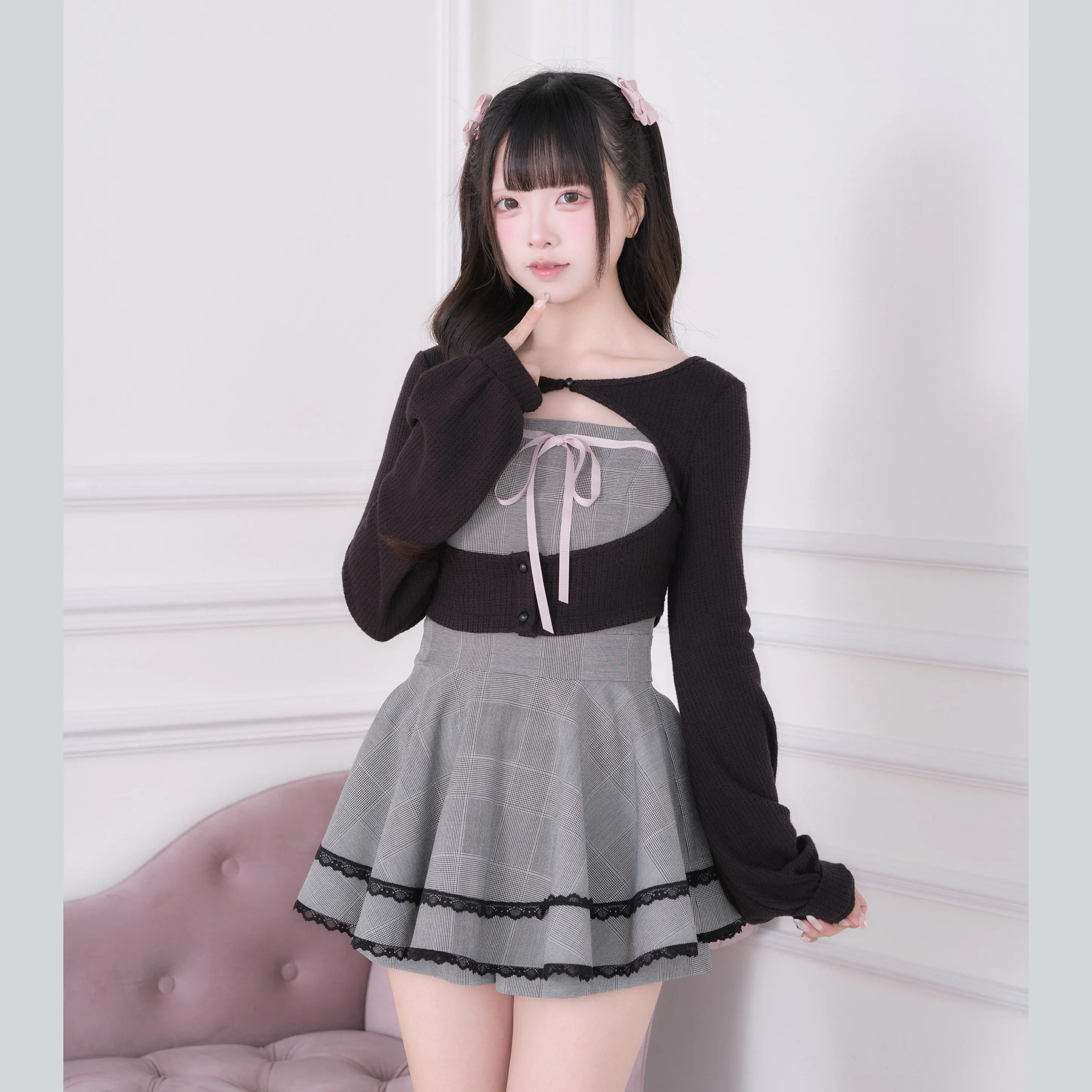 Harajuku JK 3 Piece Outfit Women White Hollow Out Knit Long Sleeve Cardigan Grey Plaid Tube Top Lace Mini Skort Sweet Lolita Set