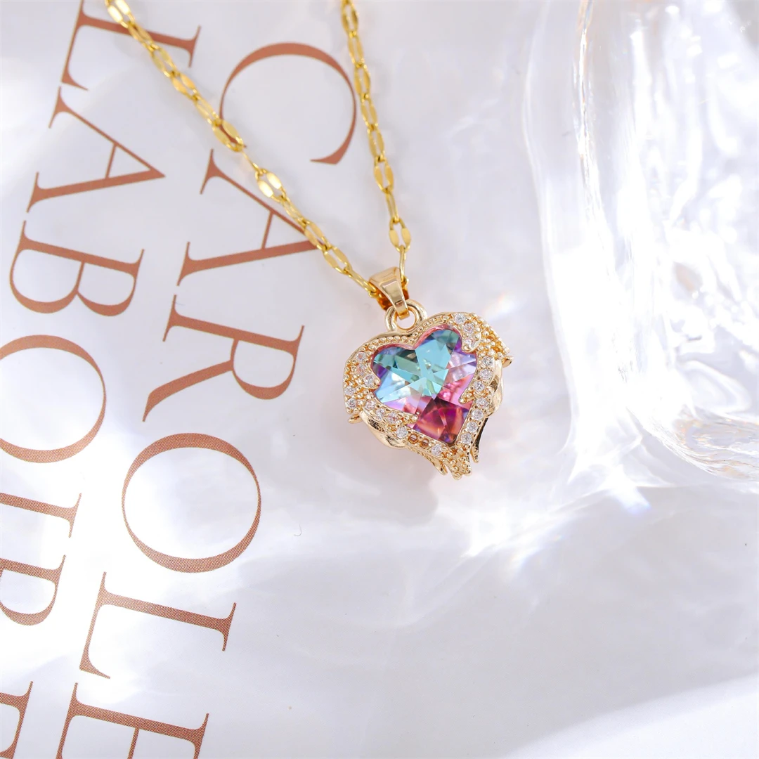 Luxury Colorful Crystal Ocean Heart Pendant Necklace For Women Korean Fashion Stainless Steel Neck Chain Female Wedding Jewelry