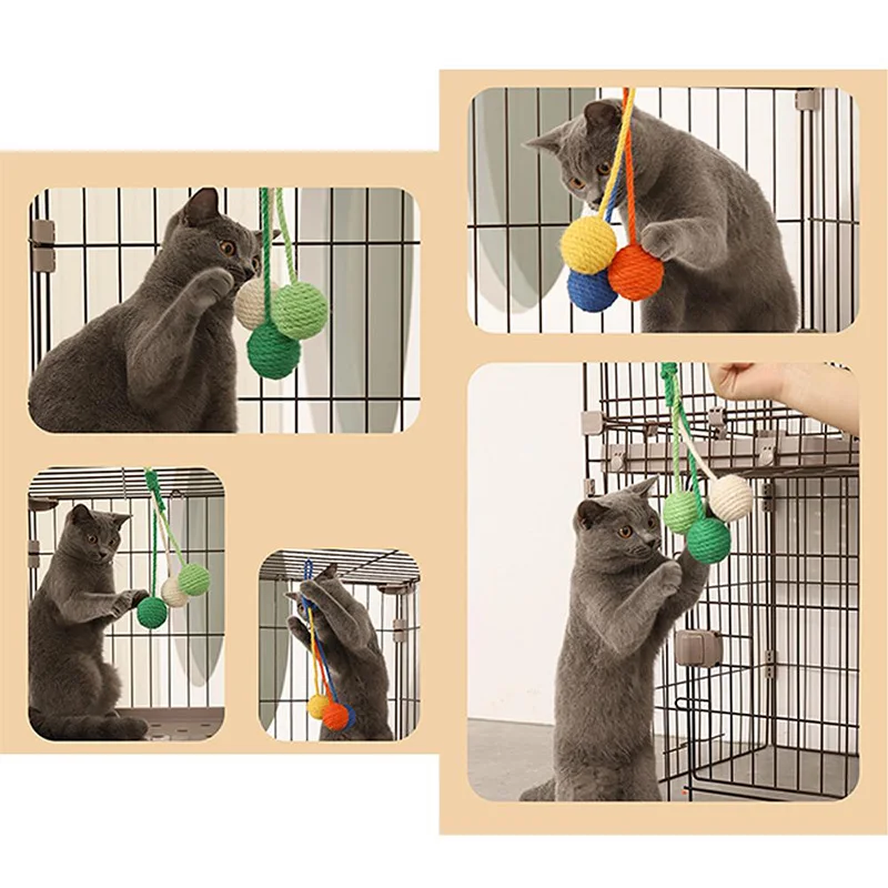 HOOPET Cat Ball Toy Cage Hanging Jute Ball for Cat Colorful Interactive Toy Sisal Rope Weave Ball A Set Bite-resistant Rope Ball