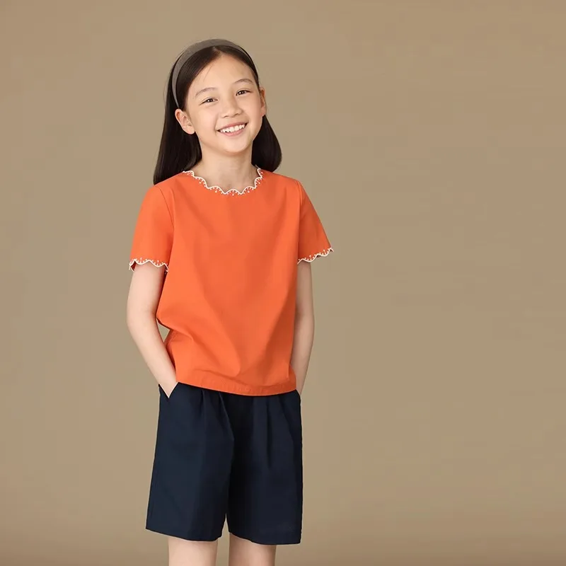 Childern Clothing Gril's Outfits 2024 Summer Beach Orange Lace Shirt for Girl Skin-friendly Cotton Casual Top with Floare