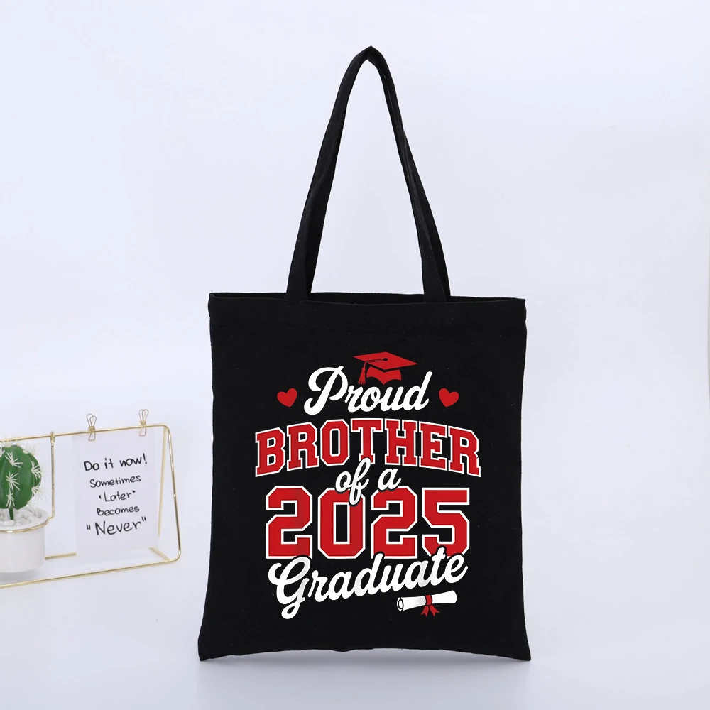 Brother's Graduation 2025 Typography Print Black Canvas Tote Bag, Casual Style for Graduation Ceremonies and Daily Use