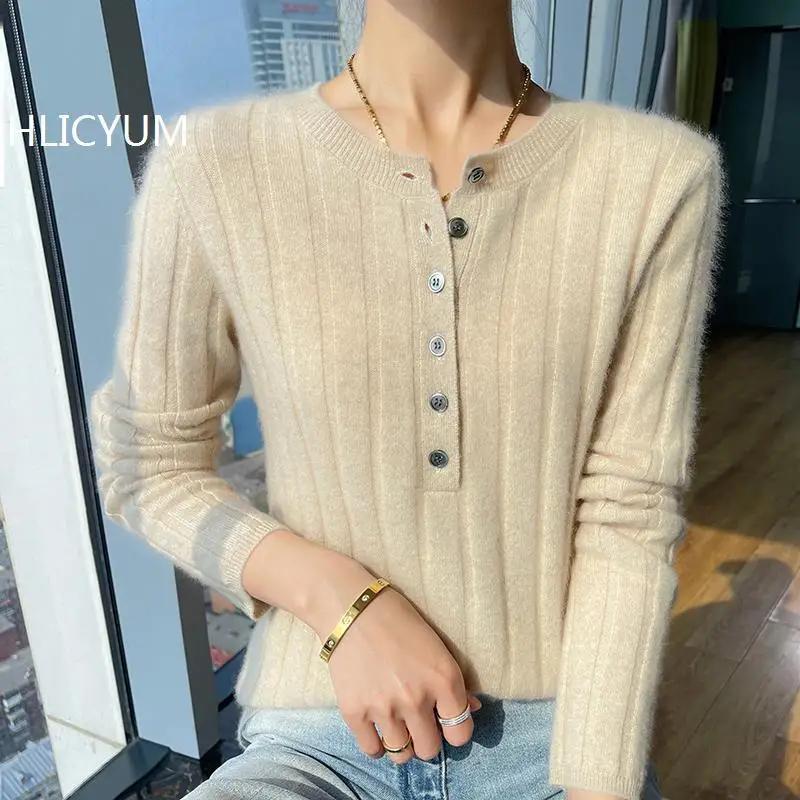 Women 5 Colors Sweater Half Open Collar Long Sleeve Casual 2024 Spring Female Jumper with Buttons 100%  Merino wool Tops