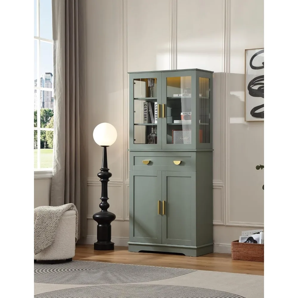 خزانة مخزن خشبية طويلة الطراز على طراز المزرعة الحديثة مع أبواب زجاجية، وخزانة تخزين المطبخ تتميز بدرج ورف قابل للتعديل