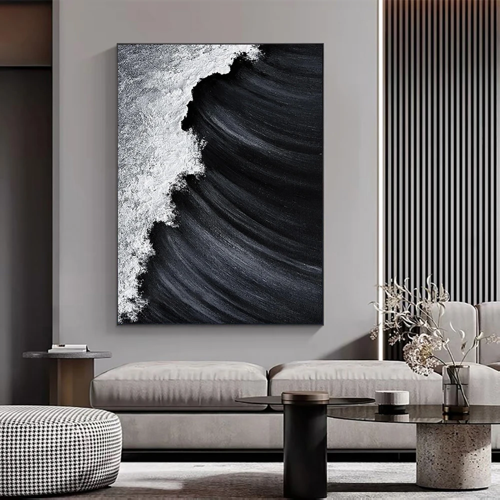 Thick Acrylic Black White Painting Canvas Art Hand Painted Abstract 3D Wave Wall Painting Art On Canvas Modern Home Decor Piece