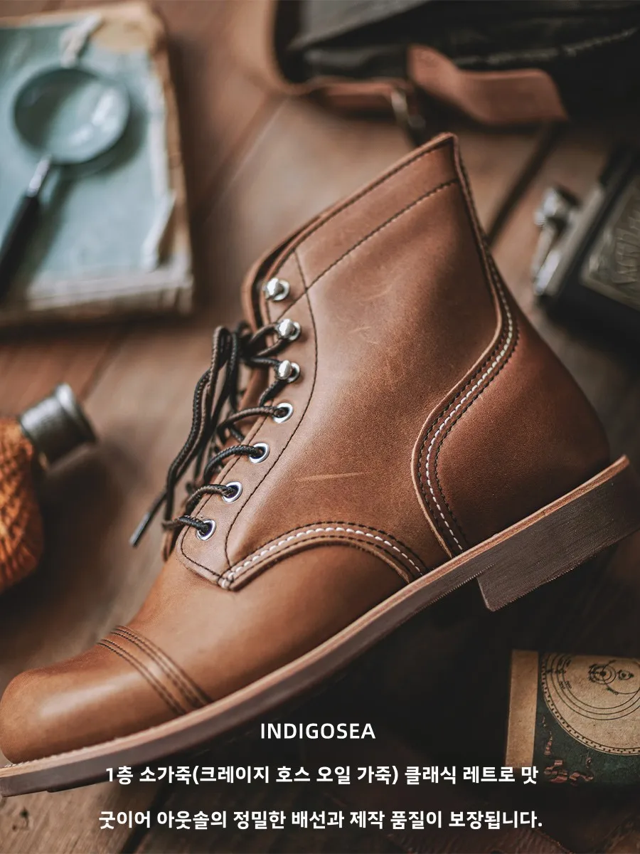 Indigo-Sle Retro Full-grain Leather GOOD YEAR 8 Umbrella Boots Amekaji Genuine Leather Cargo Motorcycle Boots