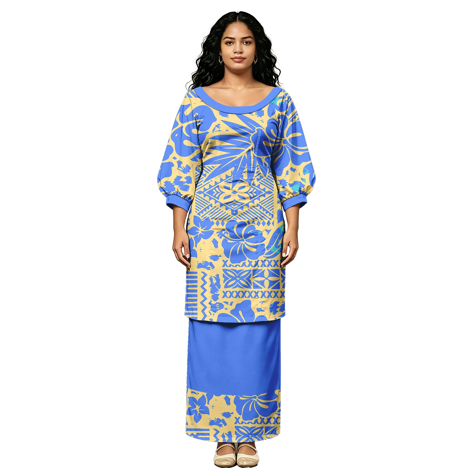 New Arrivals Samoan Puletasi 2 Piece Set Polynesian Women Dresses Pacific Hawaiian Hibiscus Design Puff Sleeves Ladies Puletasi