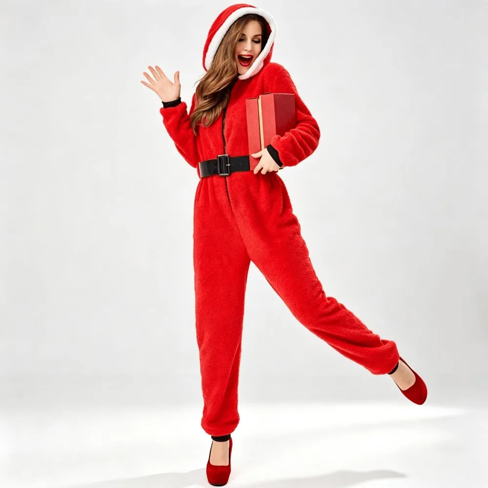 Nuevo Mono Rojo de Navidad con Capucha para Mujer Adulta, Vestido de Actuación de Manga Larga con Cinturón