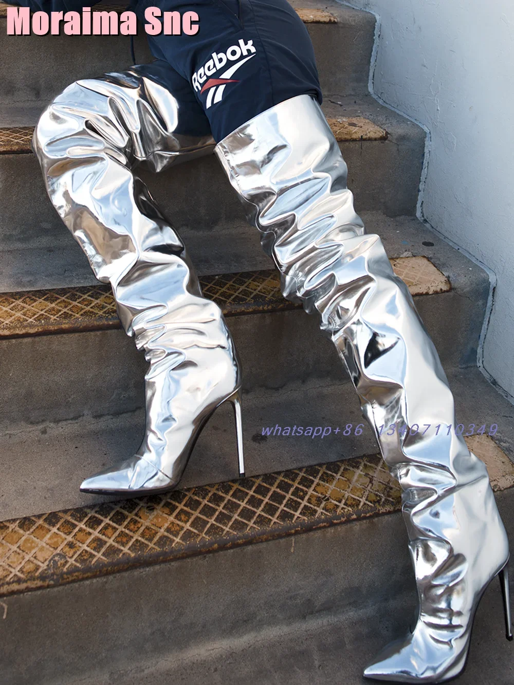 

Сексуальные серебряные плиссированные сапоги до бедра с острым носком, однотонные модные женские сапоги выше колена без шнуровки на высоком каблуке-шпильке 2026