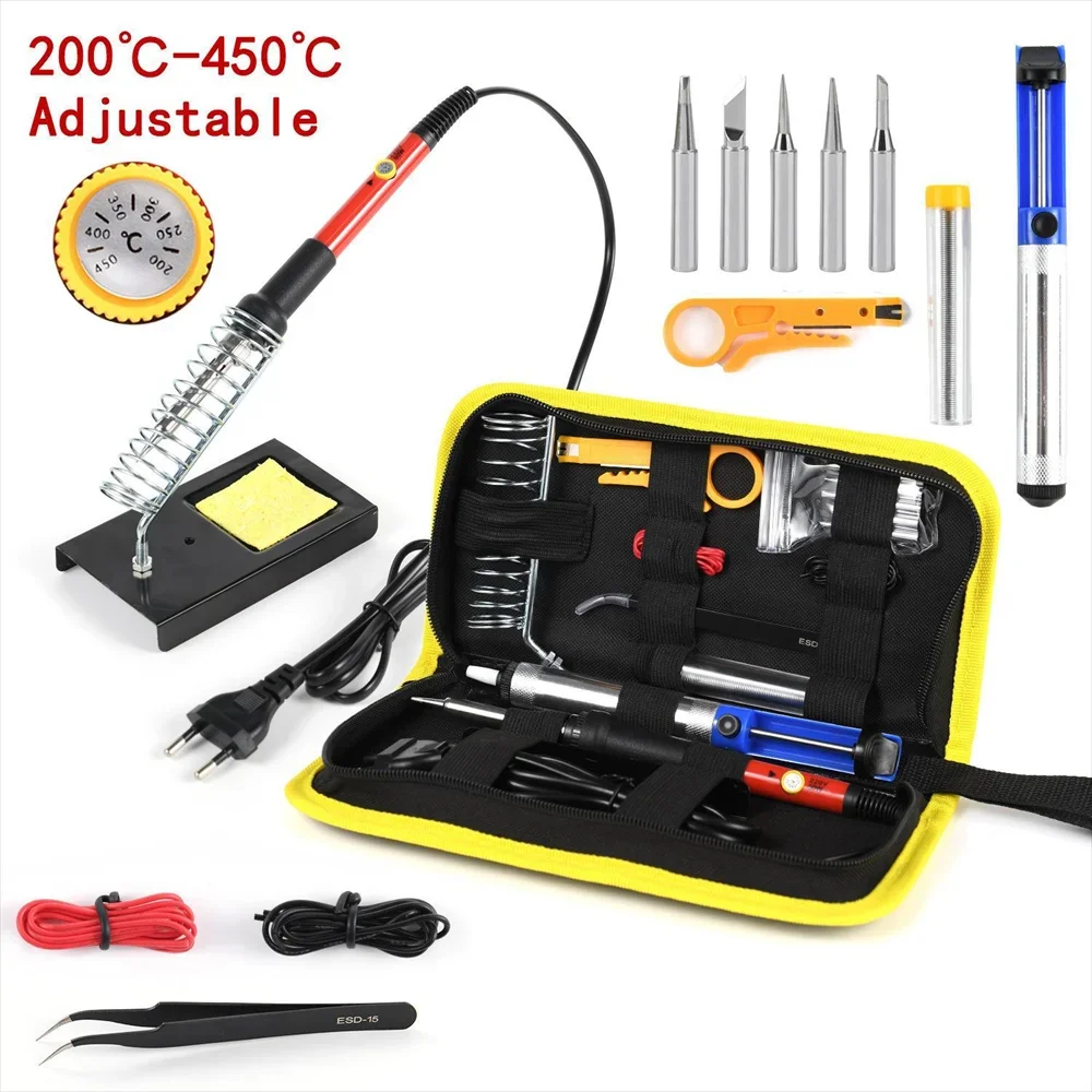 

With Solder Sucker Tin Wire EU PLUG 15pcs Kit 220V 60W Soldering Iron Kit 450°C Adjustable Temperature Welding Tool Set