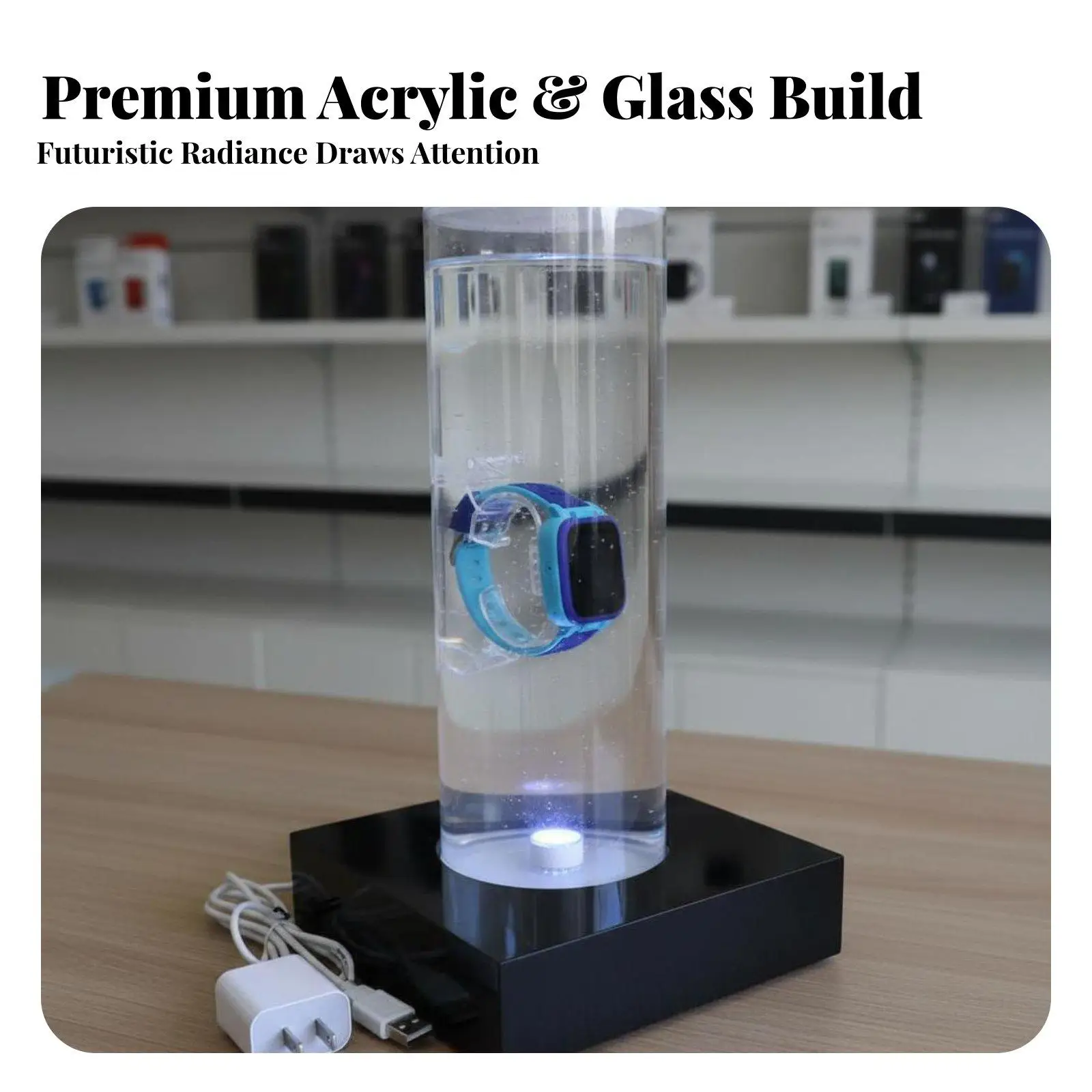 Watch Submersion Demonstrator Bubbling Effect Water Evidence Test Stand LED Acrylic Display for Exhibitors, Brand Managers,