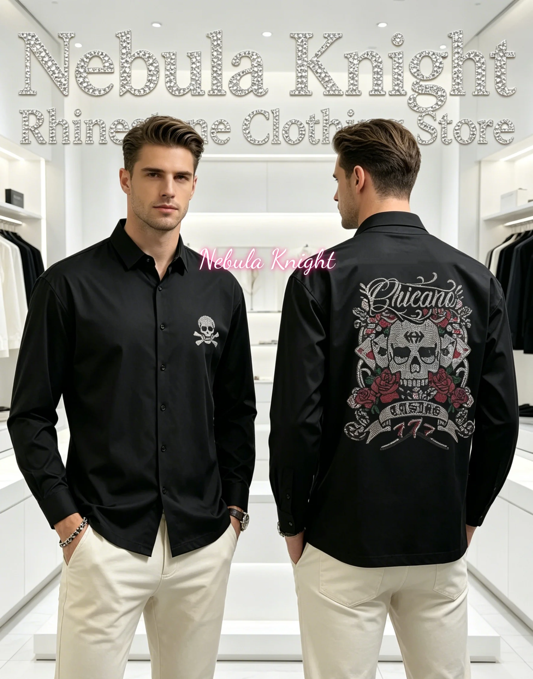 Rhinestone Skull Pattern Men Black Long Sleeve Shirt Slim Fit Luxury Button Down High Street Casual Daily Tops