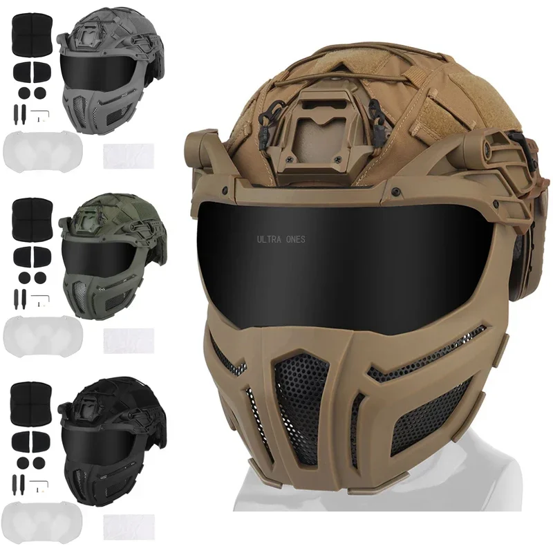 Tactical FAST Helmet Full Covered Helmets with Steel Mesh Mask / Goggles Hunting Motorcycle Cosplay Protective Gear