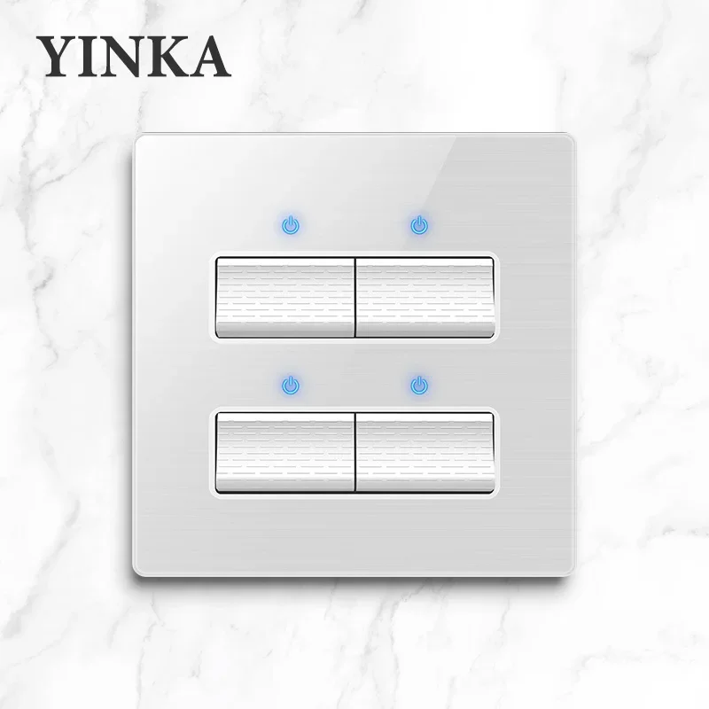 YINKA White Tempered Glass Wall Light Switch 1 2 3 4 Gang 1/2 Way 220V Push Switch with LED Indicator Home Decoration 86*86mm
