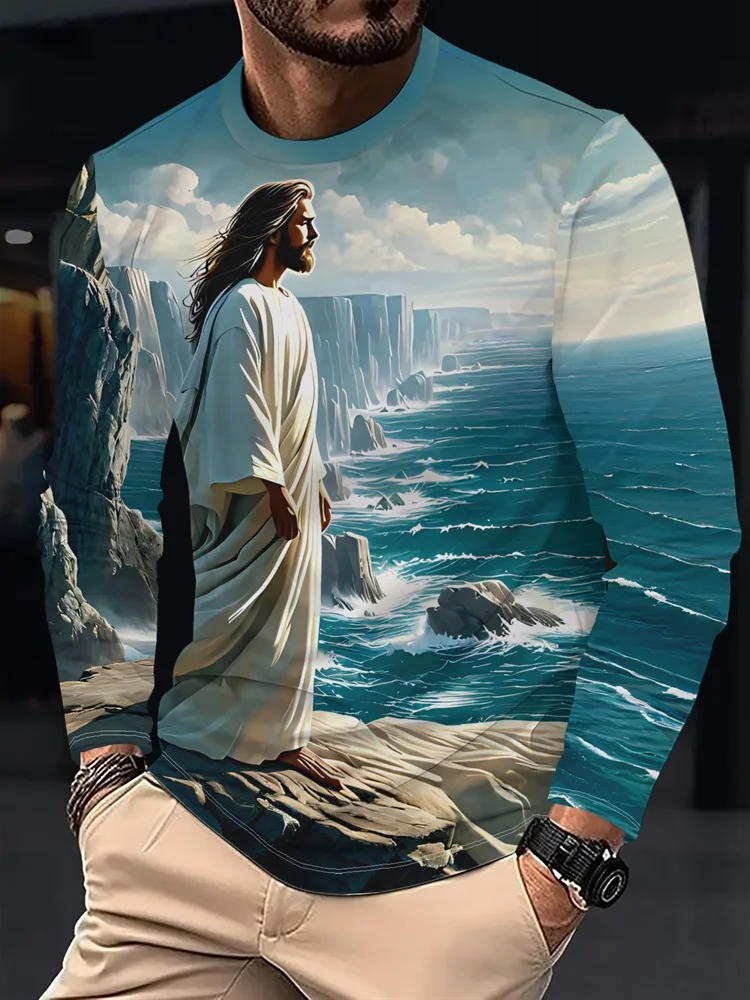 Men's Sacred Heart Jesus Long Sleeve T-Shirt Christian Dove Wings Stairway Heaven Rose Gold Graphic Pullover Tops Gift Faith