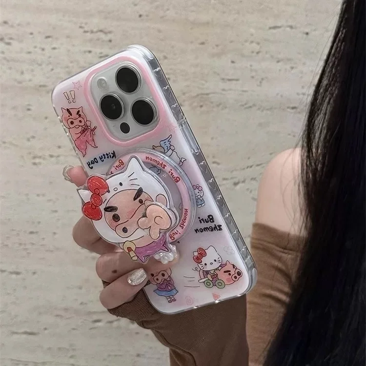 

Cute Crayon Shin-chan Buriburizaemon cartoon Magsafe Wireless Charging Case for iPhone 13 14 15 16 17 Pro Max 3D Magnetic Stand