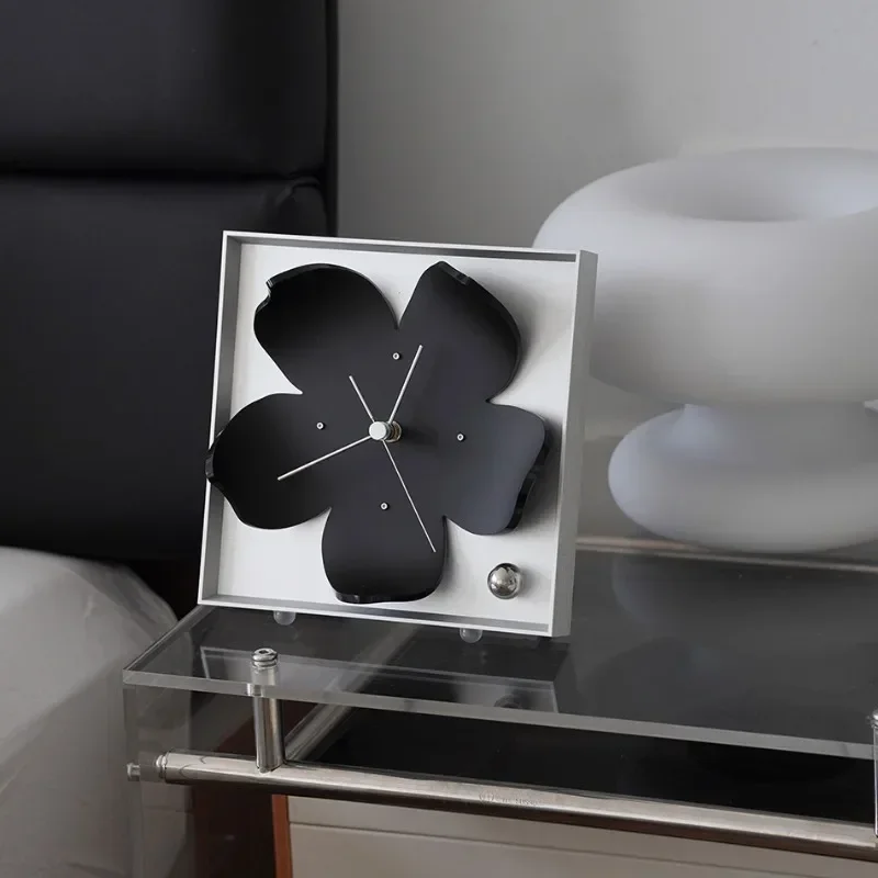 Nordic Minimalist Wall Clock Black Cherry Silent Timepiece Modern Geometric Flower Decor Contemporary Living Room Table Clocks
