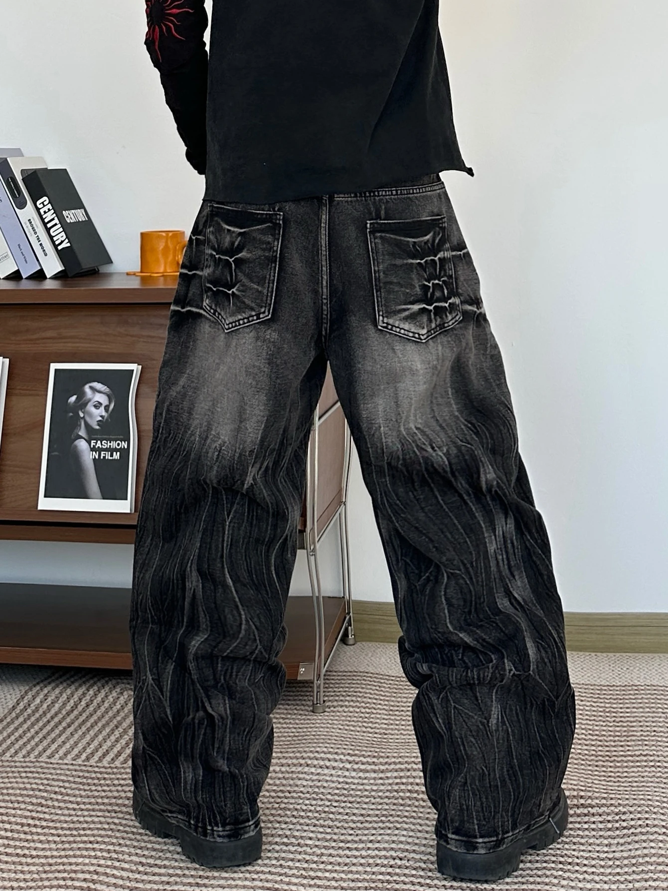 Retro Black Streetwear Washed Men's Jeans, Versatile Loose-Fitting Wide Pants, Minimalist Patchwork Men's Trousers All Seasons