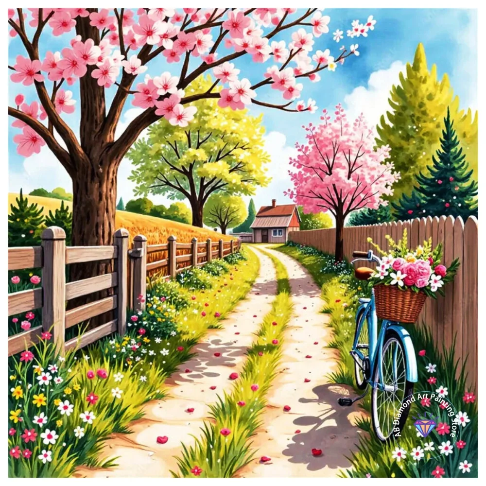 

Cherry Blossom Tree Landscape AB Diamond Painting Kit Square Round Diamond 5D DIY Mosaic Handmade Art Exquisite Gift Home Decor
