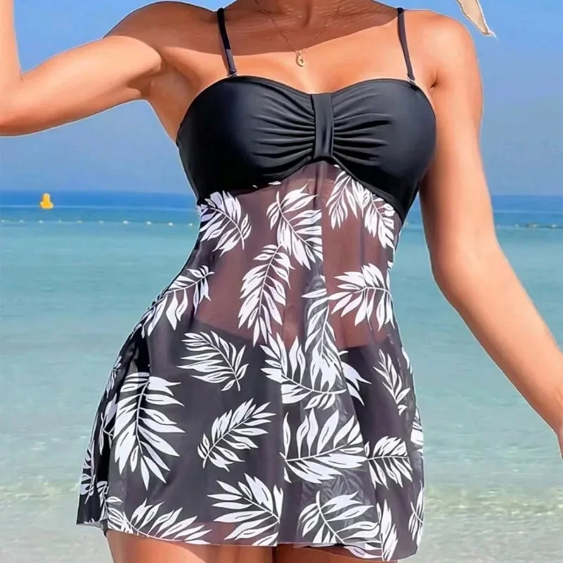 

Summer Women's Short Dress With Shorts Swimsuit Leaf Print Sling Split Swimming Suit Holiday Beach Swimming Beachwear