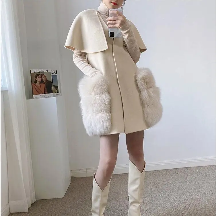 

Woolen cape shawl coat for women, small stature, autumn/winter new style, fur and fur integrated double-sided cashmere coat 202