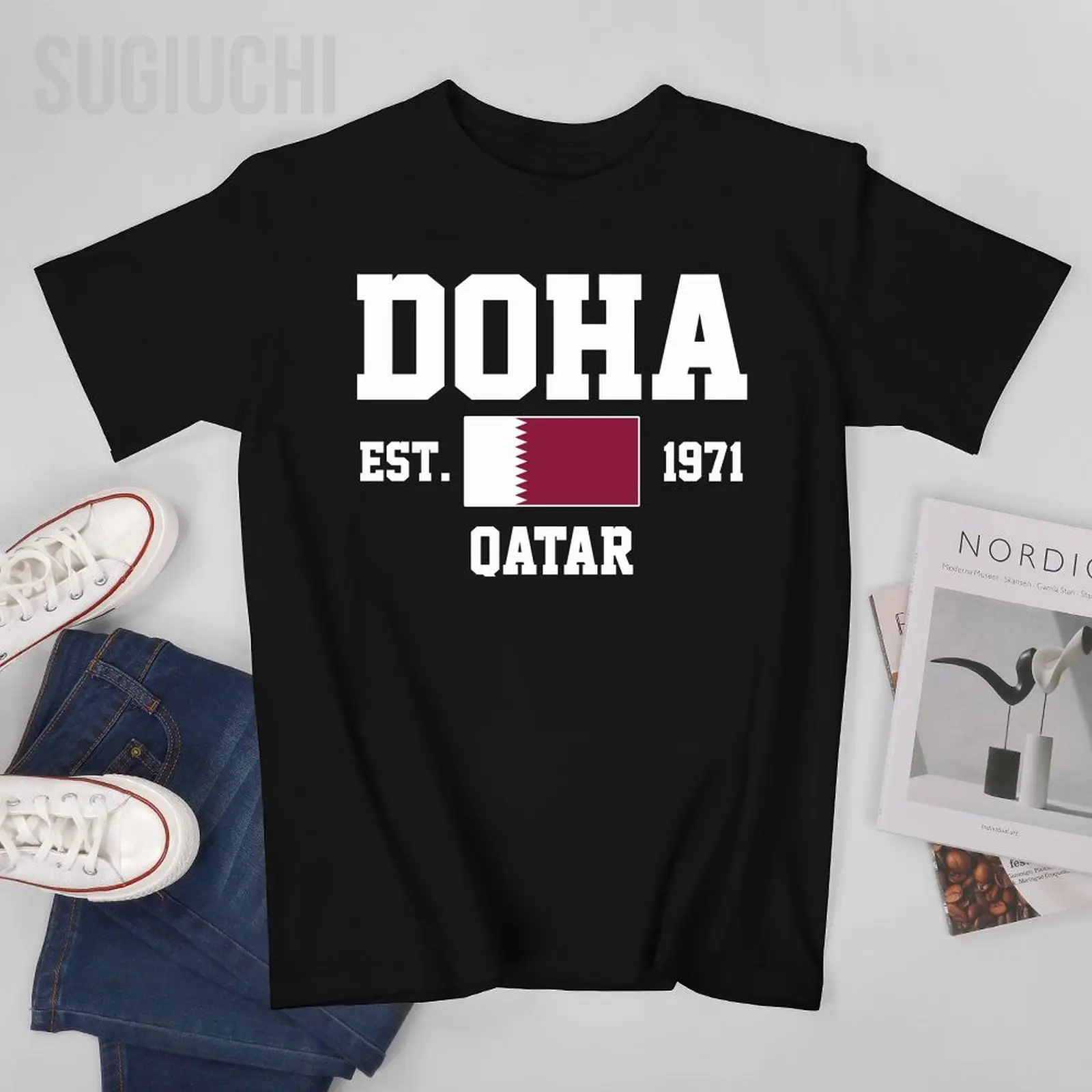 Флаг Катара EST.1971 Doha Мужская футболка Футболки с круглым вырезом Футболки Женская одежда для мальчиков 100% хлопок