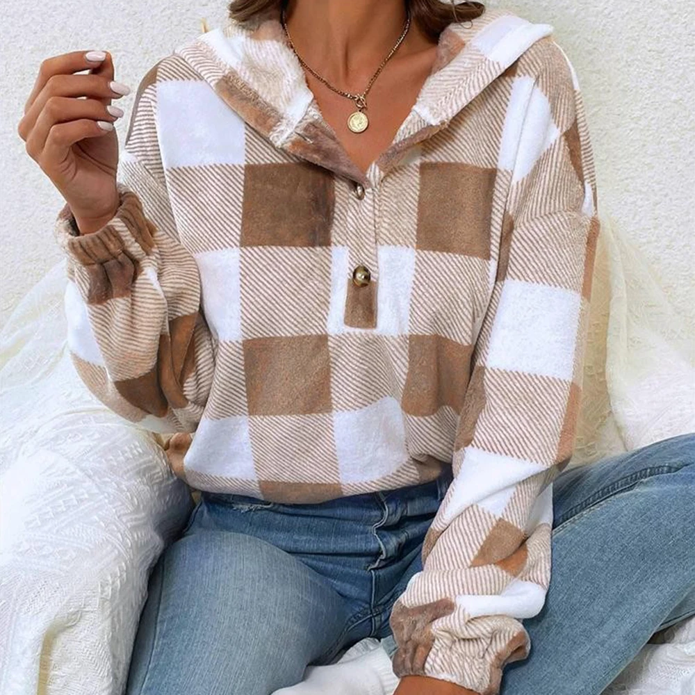 

Autumn Plaid Half Open Collar Hoodie Women Long Sleeves Loose Pullover New Style Patchwork Sweatshirt Top Elegant Commuting Tops