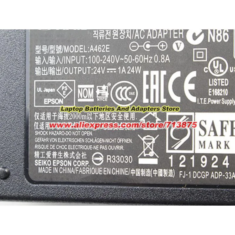 Genuine A462E A461H AC Adapter 24V 1A 24W WF-100 6.5x4.4mm for EPSON V850 V800 V600 3170 DS-560 DS-410 530II DS-570w Scanner