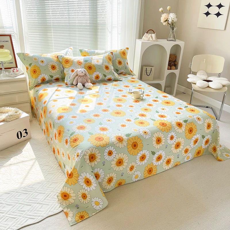 Daisy Set seprai katun ukuran Ratu kamar anak-anak Set seprai bunga botani sprei dan sarung bantal lembaran datar untuk dekorasi kamar tidur