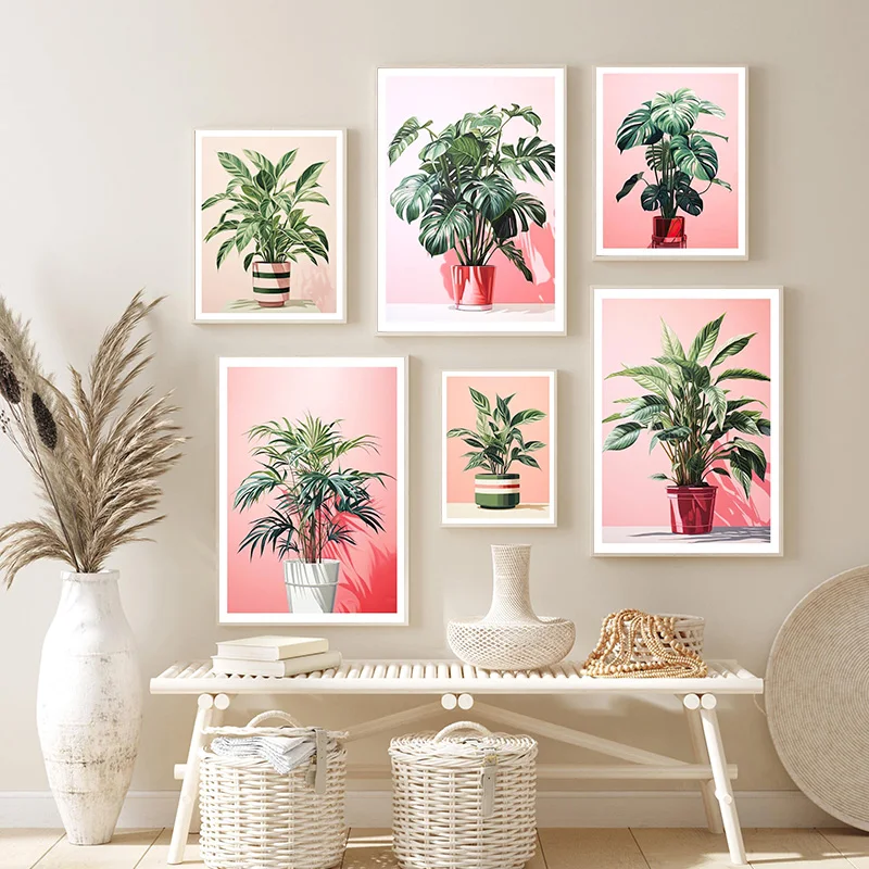 1pcs(No frame) Miami Inspired Plant Poster Monstera Fern Coral and Green Plants Portrait Canvas Painting Pink Wall Art Living