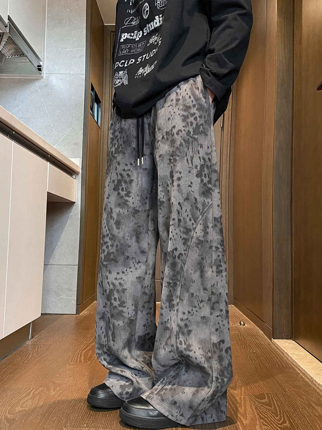 

New Chinese Sle Watercolor Tie Dye Wide Leg Pants Men's Autumn Slant Cut Design Sports Loose Casual Long Trousers