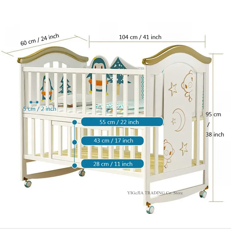 1M Wood Baby Crib With Mosquito Net And Diaper Table , Bedding Set, Baby Cot, Bed, Rocker Mattress  Multifunctional Child Bed