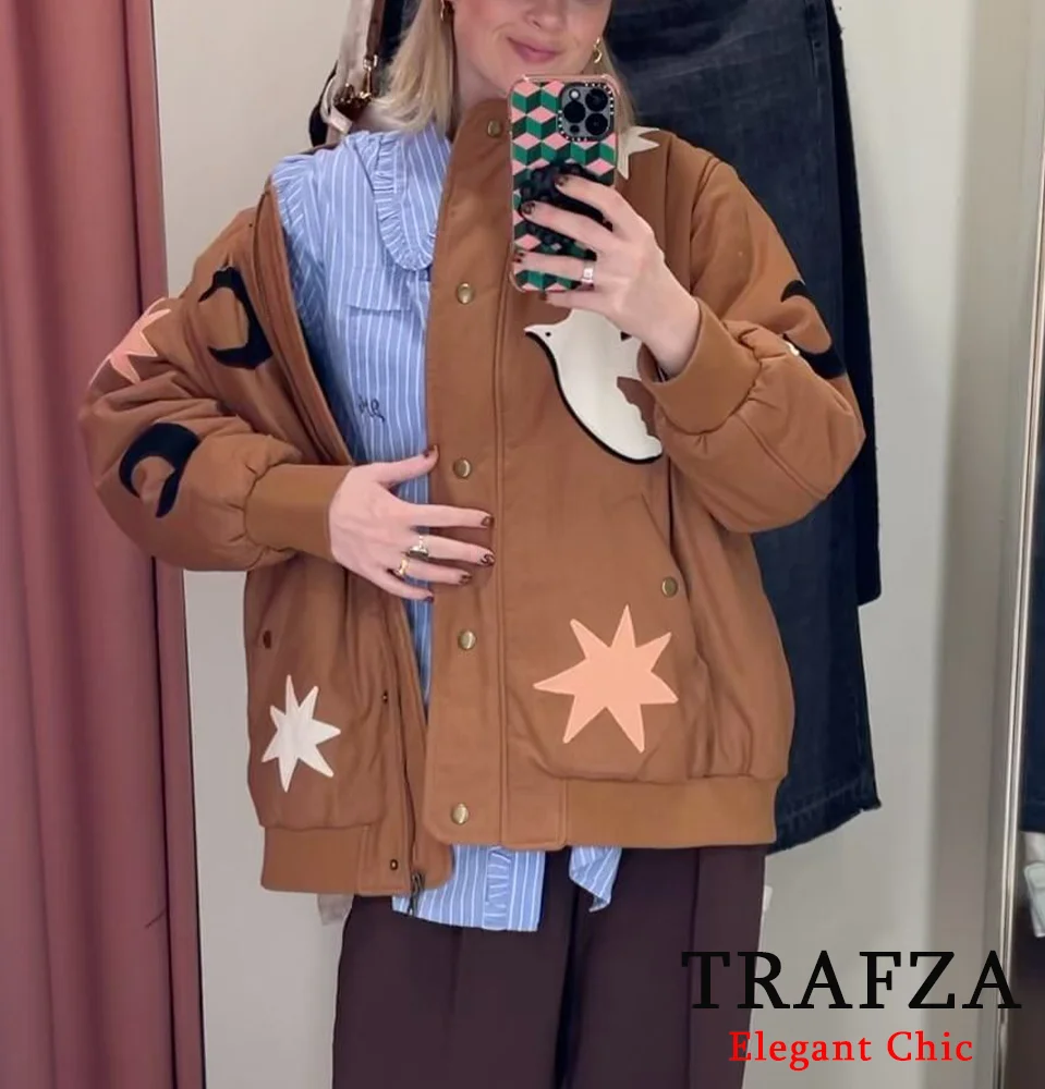 

TRAFZA-Women Fashion Creative Coat New 2024 Autumn Winter Street Outwear Printed Coat Buttons Zipper O-Neck Jacket Vintage Brown