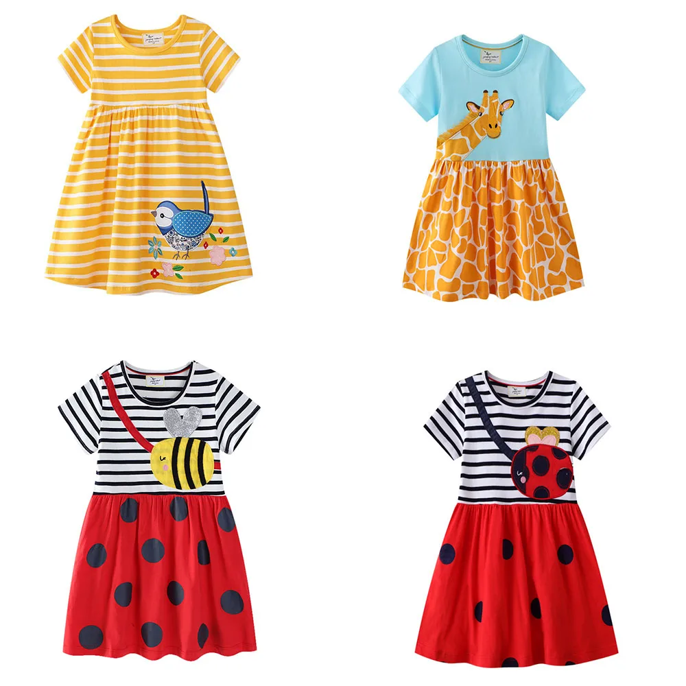 

Jumping Meters Princess Girls Summer Dress with Birds Embroidery Short Sleeve Kids Fashion Clothing Children's Dress