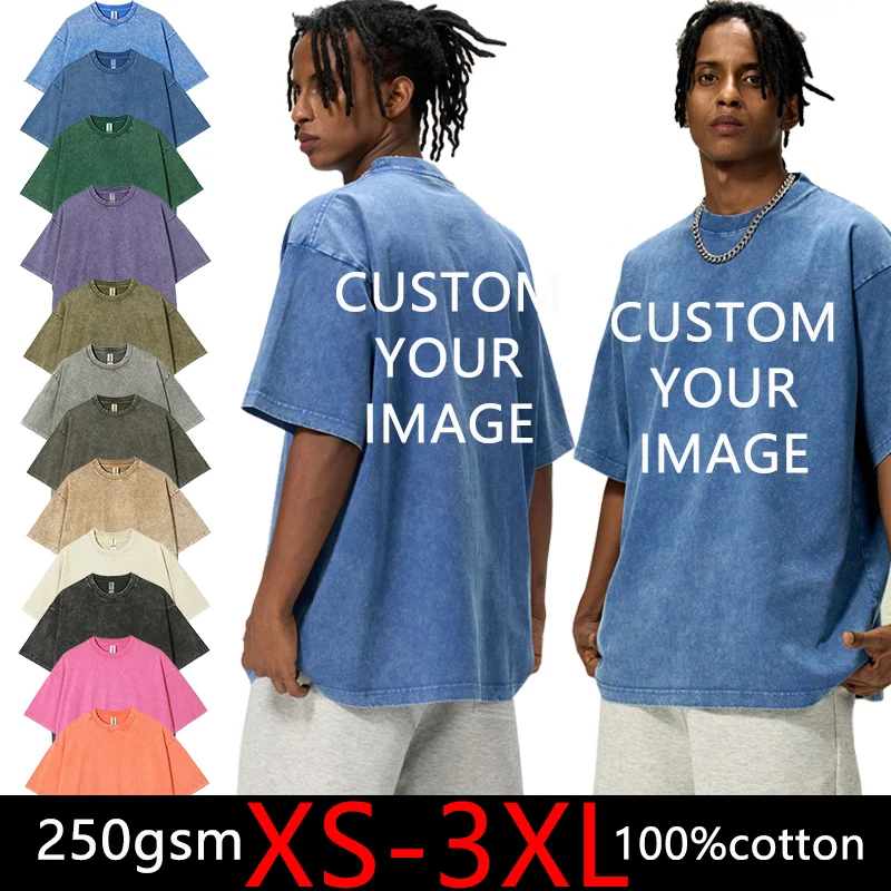 Customized Images Heavyweight Oversize Washed Snowflake Vintage Cotton T Shirts Hip Hop Street Fashion Couple Sports Top