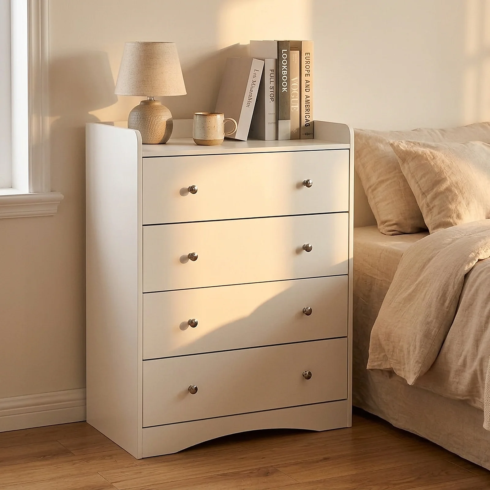 Zoyiancy White 4 Drawer Wooden Dresser Cabinet, Modern Small Space Storage Chest With Silver Knobs
