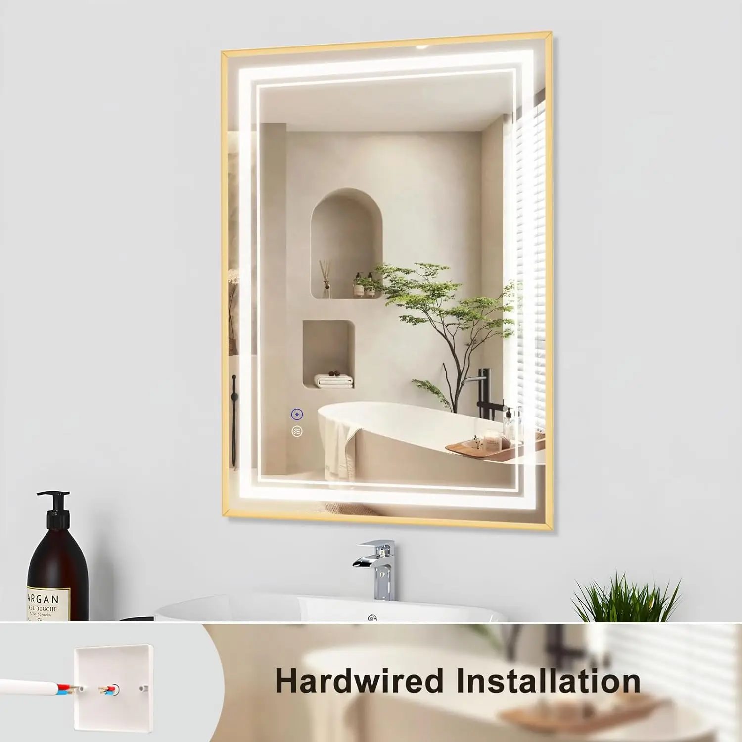 LED Bathroom Mirror, Gold Frame Anti-Fog Led Mirror, Dimmable 3 Color Lighted Mirror for Bathroom, Wall Mounted