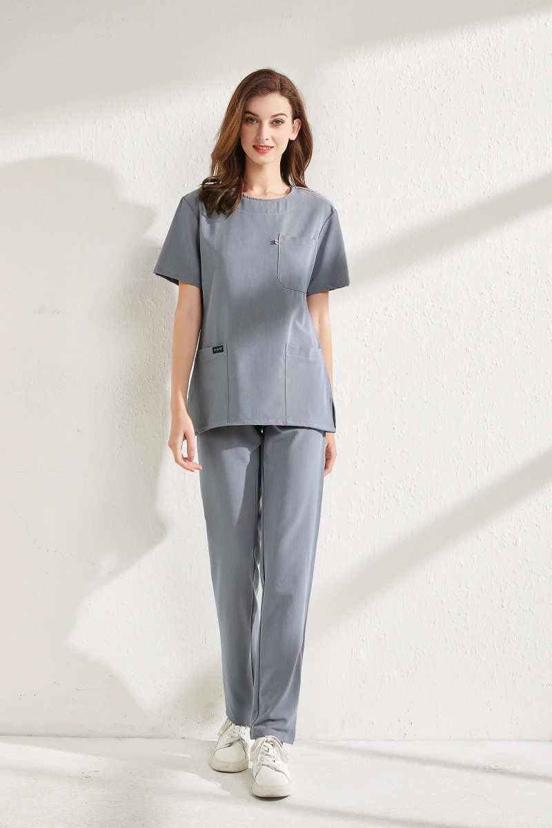 Women's Summer Anti Wrinkle Free Ironing Round Neck Short Sleeve Beauty Care Workwear Dental Clinic Nursing Scrub Uniforms Set