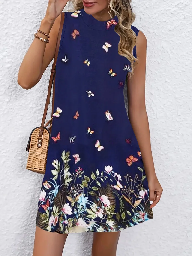 

2024 New Women Tank Dresses Casual Summer Mini Dress Vintage Flare Flower Print Sleeveless Bodycon Short Dresses