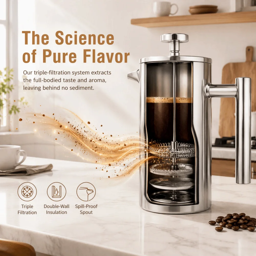 350ml/12oz French Press Coffee Maker 304 Stainless Steel Triple Filtration System Coffee Tea Kettle Double Wall Insulated